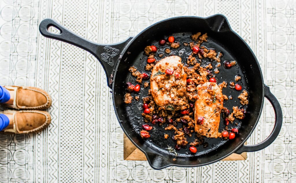 The finished Pork Chop Cranberry Sausage dish.