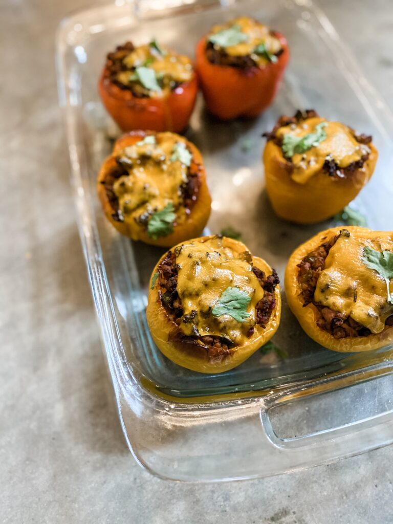 Finished pan of Simple Stuffed peppers.