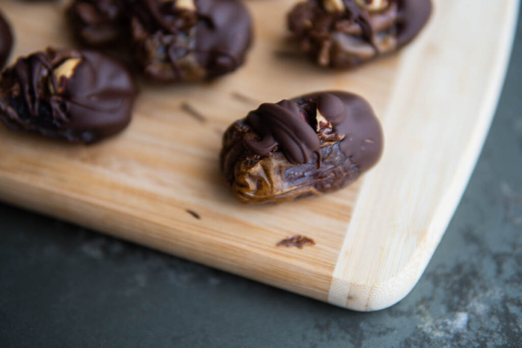 close up on Chocolate Hazelnut Stuffed Dates.