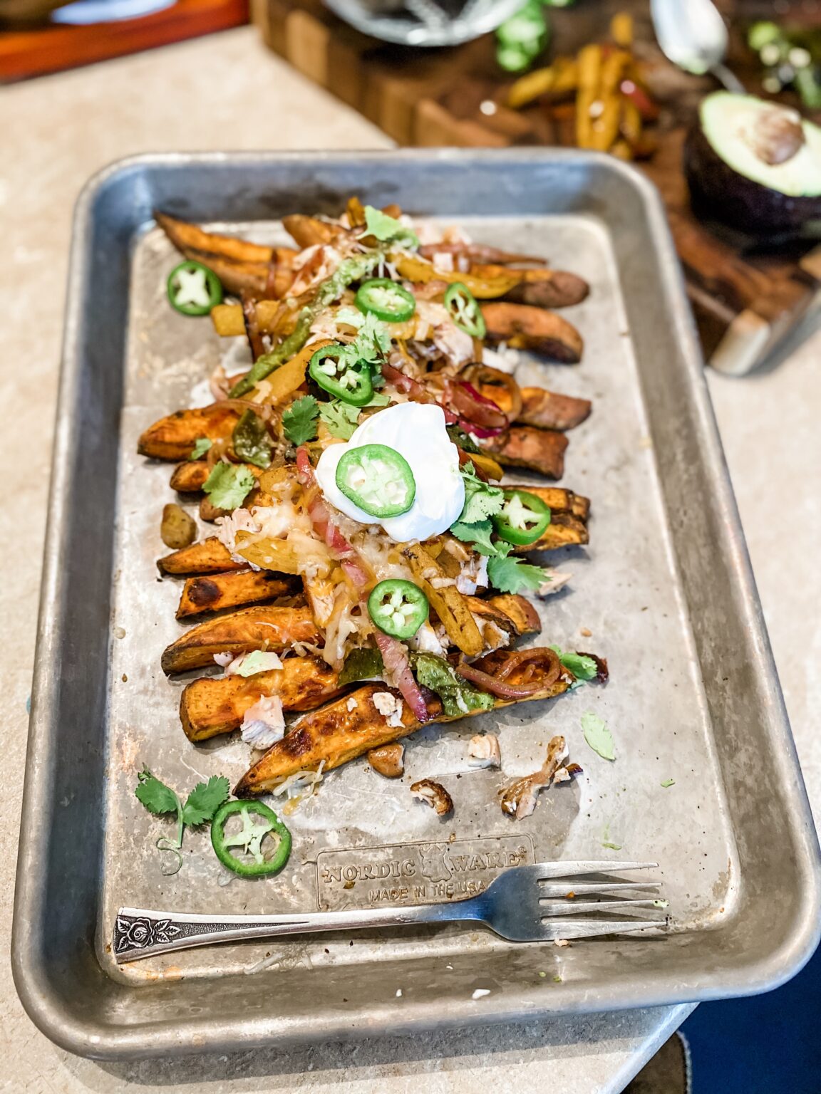 Sheet Pan Fajita Fries with Leftover Chicken - Feeding The Frasers