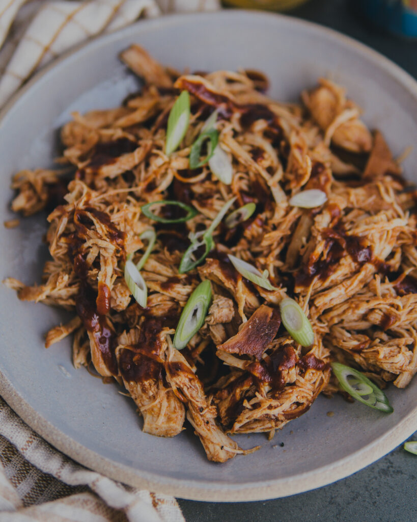 Pulled chicken on a plate.