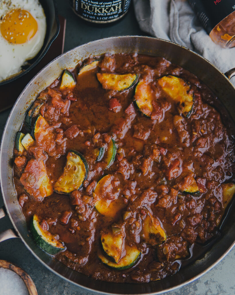 Skillet of zucchini and shakshuka.