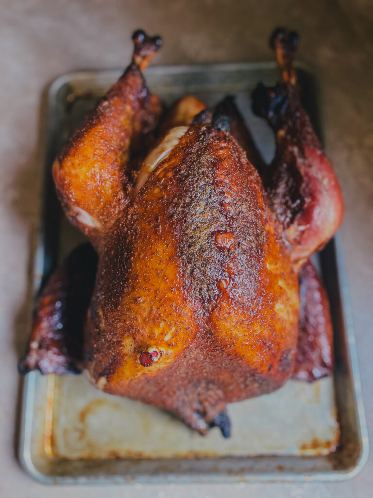 Finished turkey on a baking sheet.