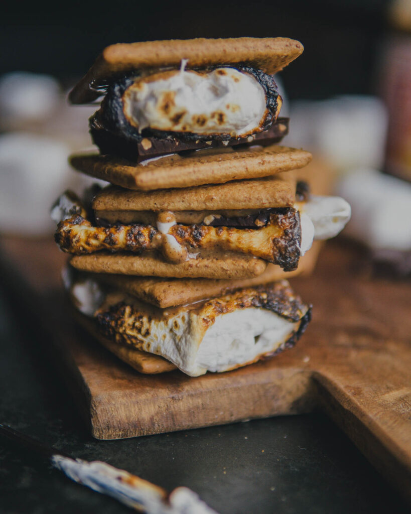 Close up of 3 PB S'Mores stacked.