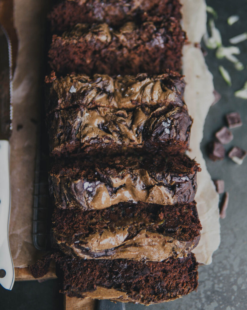 Sliced Double Chocolate Zucchini Bread with Peanut Butter Swirl.