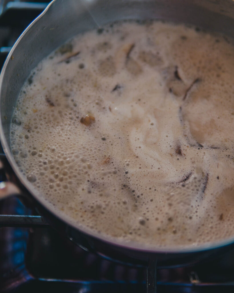 Mushroom broth simmering.